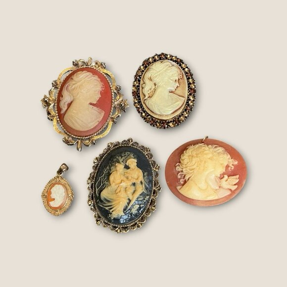 Vintage Estate Bulk Lot  Of 5 Cameo Brooches And Pendants - Picture 1 of 10